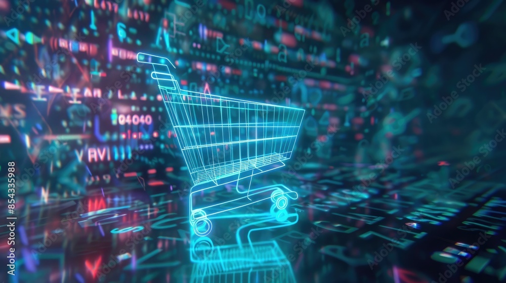 Poster A digital shopping cart icon with holographic lines of code streaming out of it, set against a futuristic, digital background. 