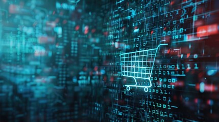 A sleek, high-tech shopping cart icon hovering in front of a grid of holographic code, with a modern and futuristic aesthetic