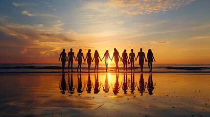 amigos juntos caminando de la mano hacia el mar viendo el amanecer en la orilla del mar en la playa festejando el dia internacional de la amistad