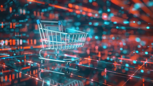 A sleek, high-tech shopping cart icon hovering in front of a grid of holographic code, with a modern and futuristic aesthetic