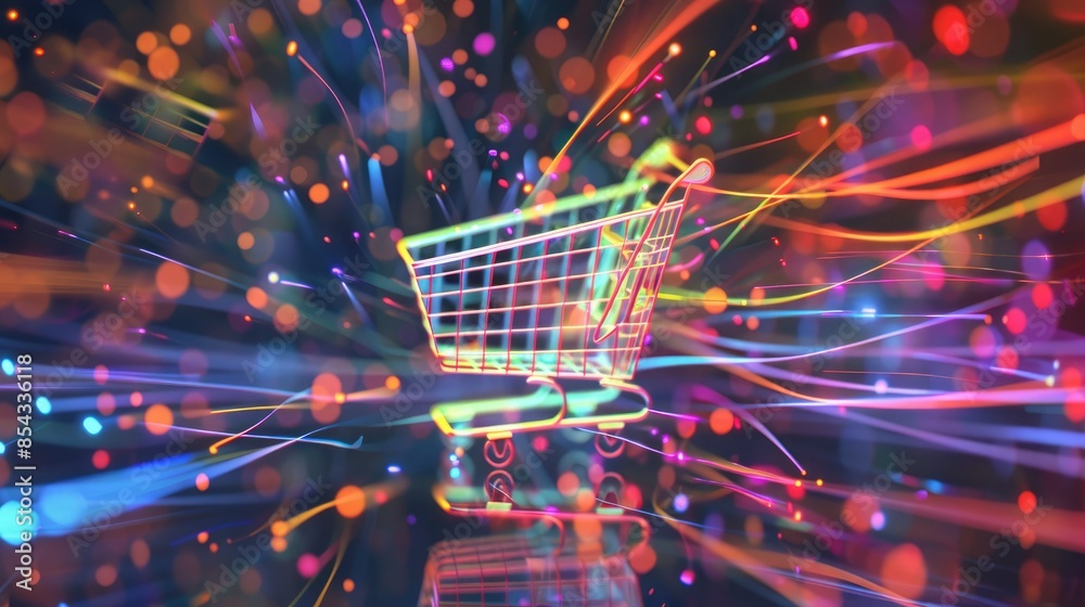Poster A shopping cart icon projected as a holographic image, with colorful lines of code swirling around it in a digital environment. 