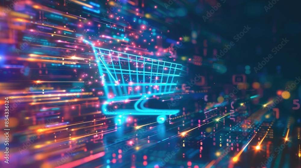 Poster A shopping cart icon projected as a holographic image, with colorful lines of code swirling around it in a digital environment. 