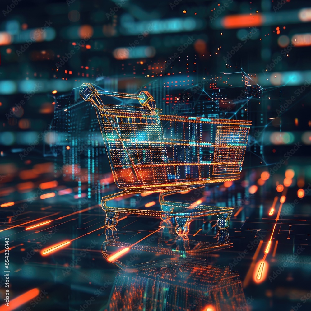 Poster A CGI 3D render of a shopping cart icon with glowing lines of code, set against a futuristic, digital backdrop. 