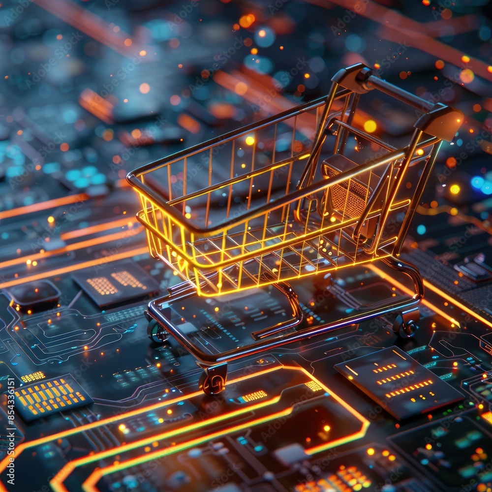Poster A CGI 3D render of a shopping cart icon with glowing lines of code, set against a futuristic, digital backdrop. 