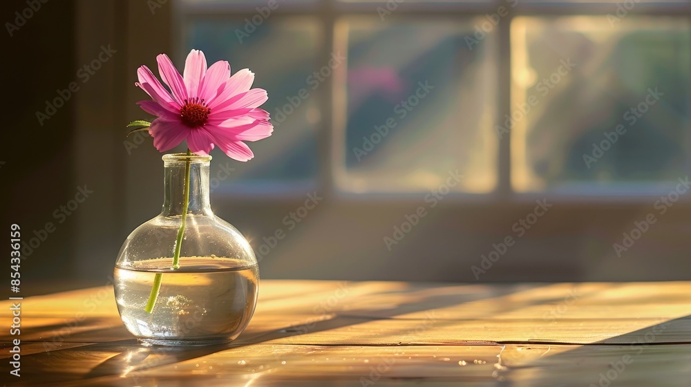 Sticker A glass vase holds a pink flower under daylight on a wooden table