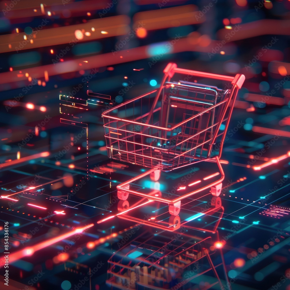 Poster A CGI 3D render of a shopping cart icon with glowing lines of code, set against a futuristic, digital backdrop. 