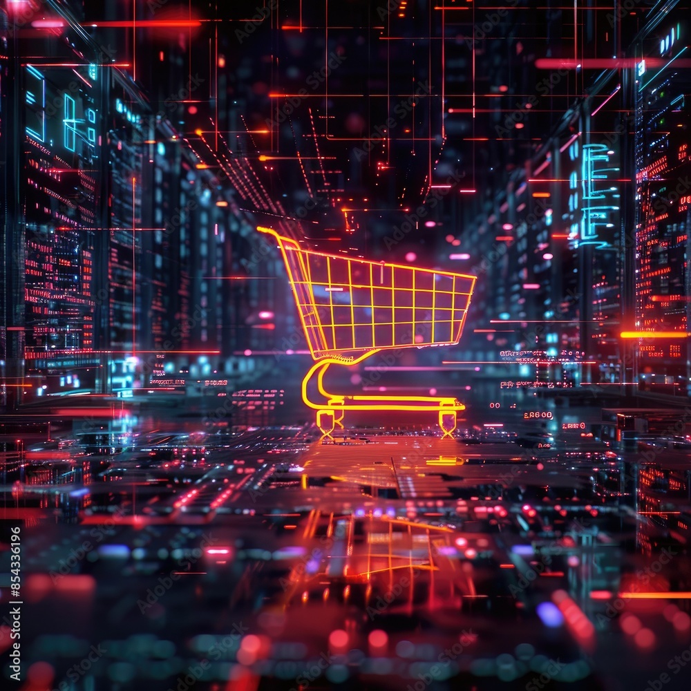 Poster A CGI scene featuring a shopping cart icon glowing in neon colors, surrounded by floating lines of code and data streams.