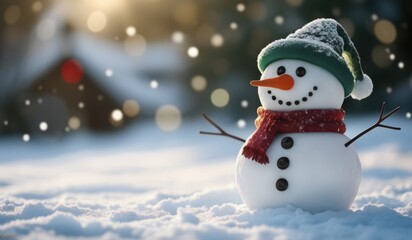 Fototapeta premium snowman in winter secenery with copy space. new model snowman