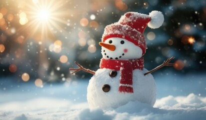 snowman in winter secenery with copy space. new model snowman