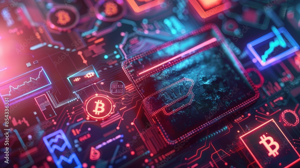Poster A digital wallet set against a high-tech background, with a variety of cryptocurrency symbols in neon colors hovering around it.