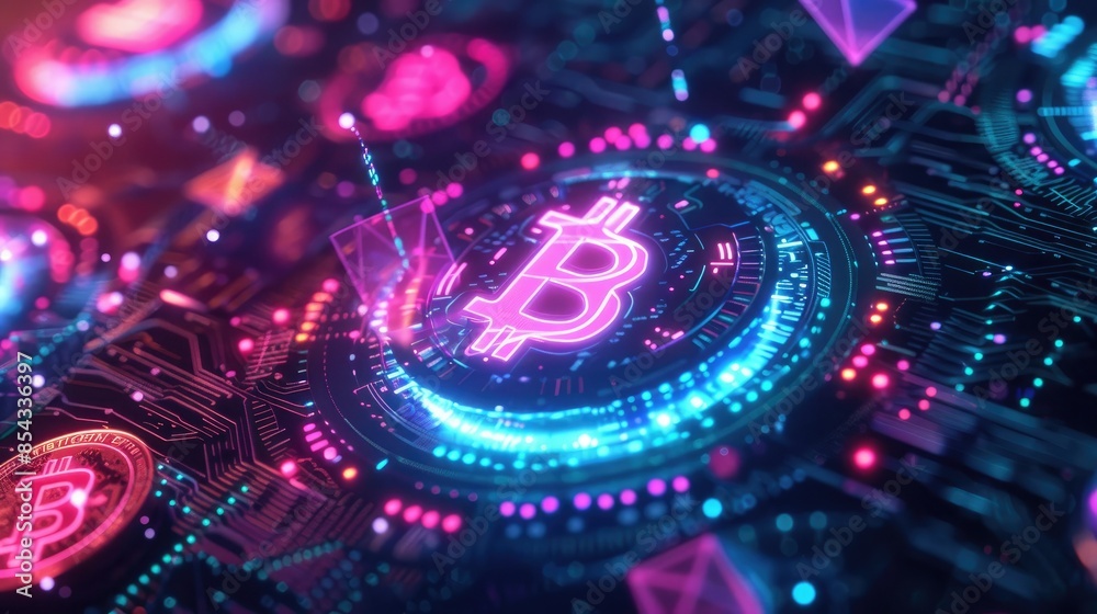 Poster A futuristic CGI render of a digital wallet with a glowing blockchain network and various colorful digital coins surrounding it. 