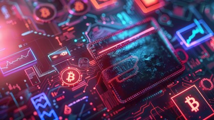 Obraz premium A digital wallet set against a high-tech background, with a variety of cryptocurrency symbols in neon colors hovering around it.