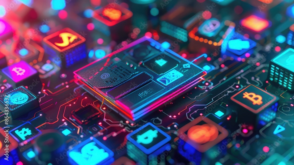 Poster A CGI 3D render of a digital wallet surrounded by digital currency icons in vivid Web 3.0 colors, with dynamic lighting effects. 