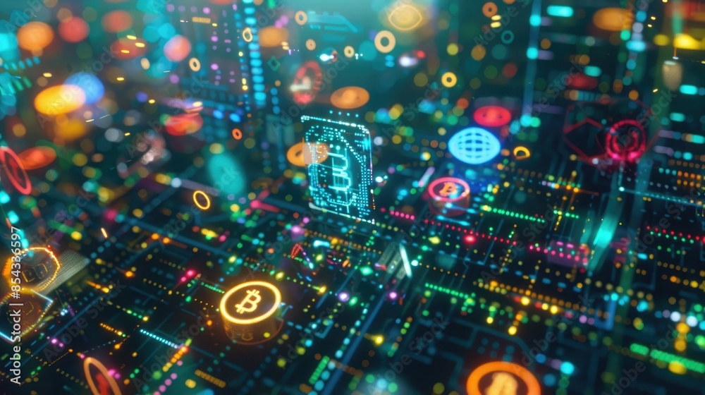 Poster A CGI scene showing a digital wallet with animated blockchain networks and colorful cryptocurrency symbols orbiting around it.