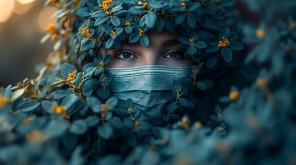 Woman with Face Mask Surrounded by Leaves