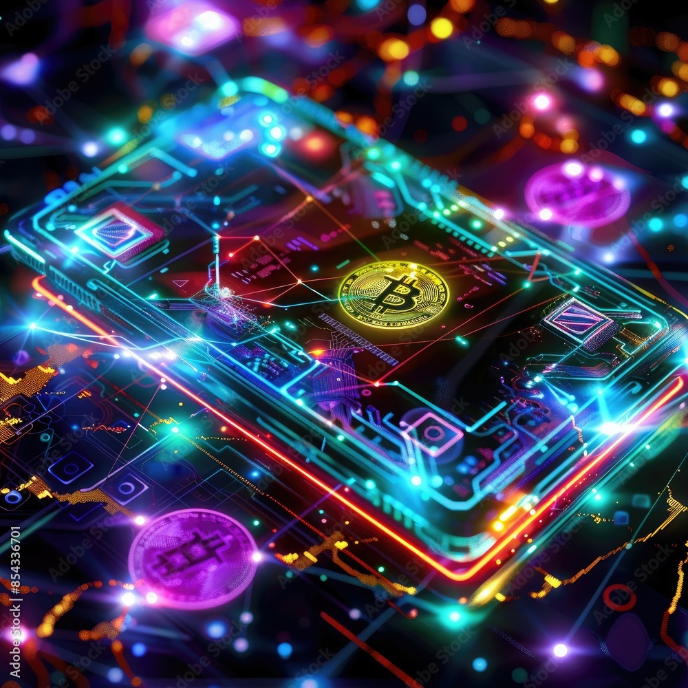 Poster A digital wallet with a futuristic interface, surrounded by a network of colorful, glowing cryptocurrency symbols. 
