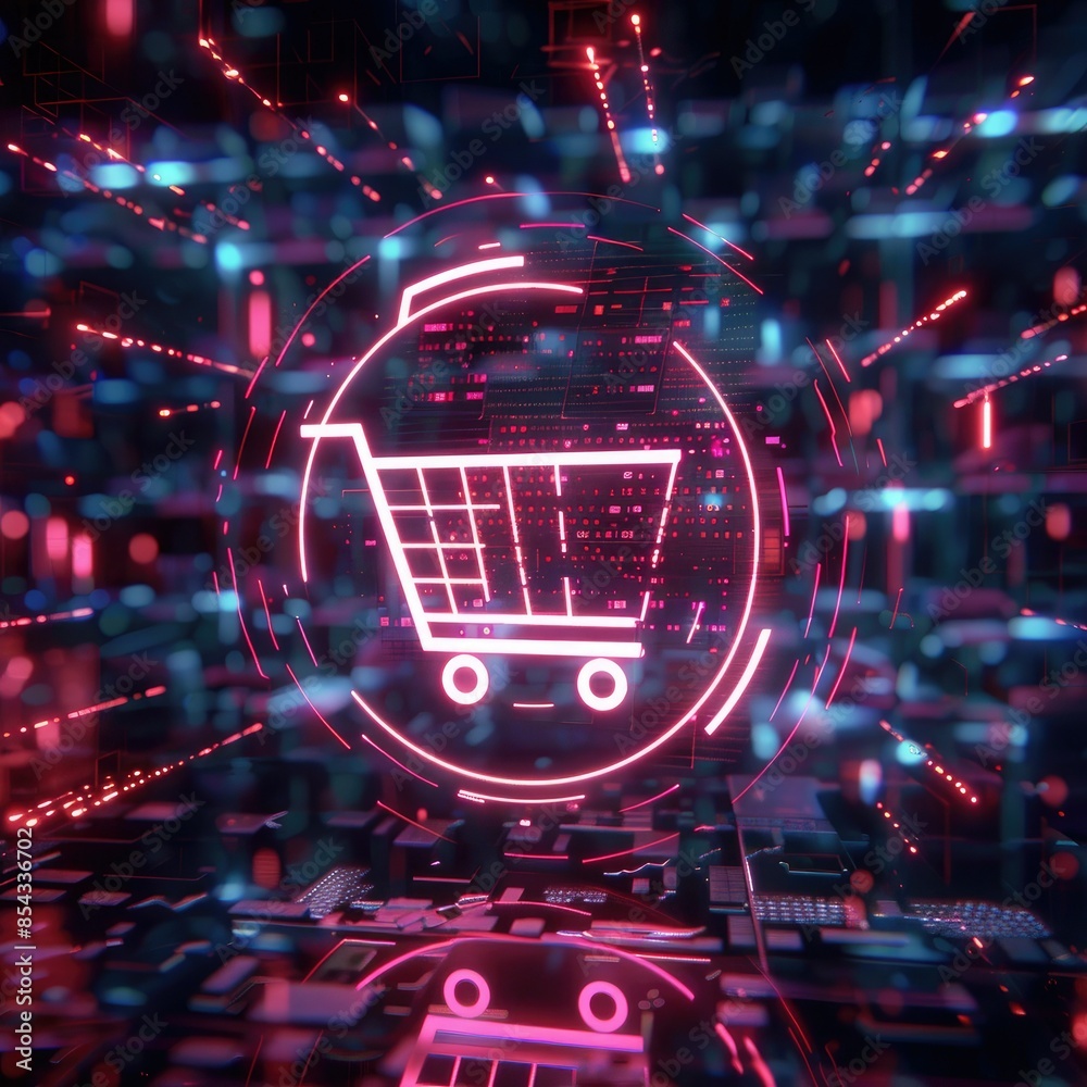 Poster A CGI 3D render of a shopping cart icon surrounded by a holographic code, set against a futuristic digital background with neon lights.