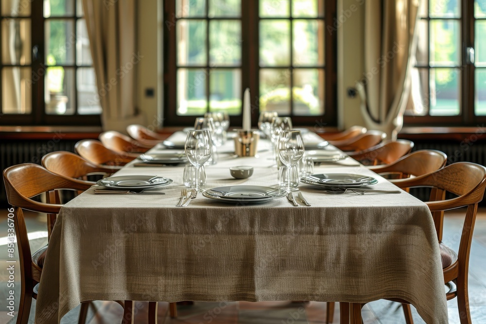 Wall mural A long table with many chairs and a tablecloth