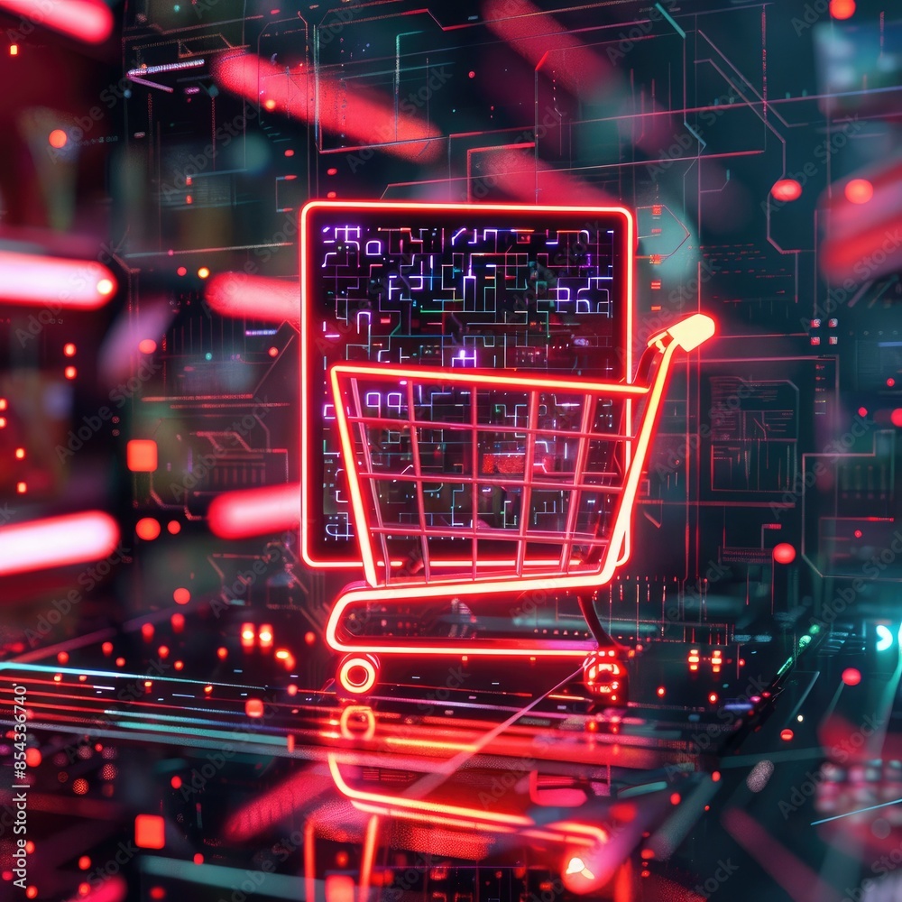 Poster A CGI 3D render of a shopping cart icon surrounded by a holographic code, set against a futuristic digital background with neon lights. 