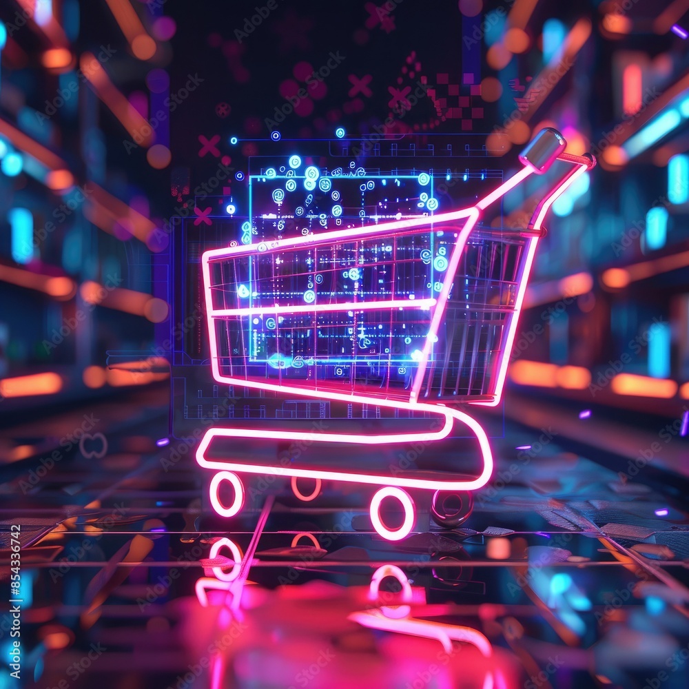 Poster A CGI 3D render of a shopping cart icon surrounded by a holographic code, set against a futuristic digital background with neon lights. 