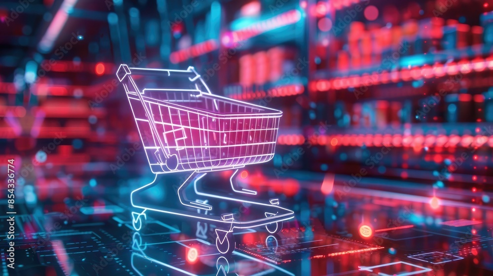 Poster A CGI 3D render of a shopping cart icon surrounded by a holographic code, set against a futuristic digital background with neon lights. 