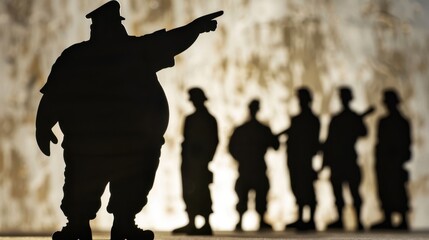 Silhouette of a fat general pointing aimlessly, shadowy figures depicting chaos and lack of control, emphasizing ineffective leadership Copy space