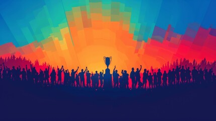 Fototapeta premium A crowd of people are celebrating with a trophy in the background