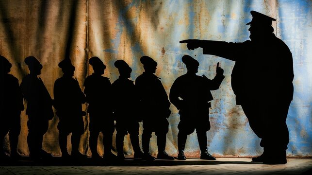 Silhouette of a fat general pointing aimlessly, shadowy figures depicting chaos and lack of control, emphasizing ineffective leadership Copy space