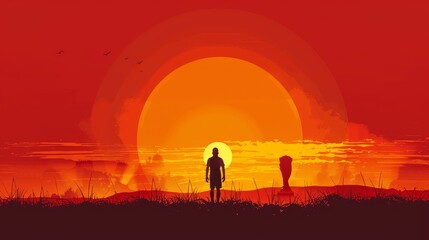 A man stands in a field with a trophy and a sun in the background