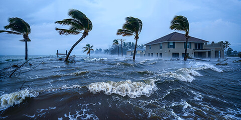 Home on Florida beach during a hurricane, storm surge and flooding, wide banner. Fictitious depiction, artist's impression