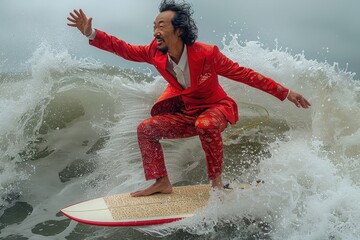 An individual in a red suit surfing a large wave, displaying dynamic ocean action