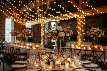 A sophisticated wedding reception area with floral centerpieces and string lights creating a romantic ambiance