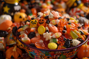 A bowl overflowing with Halloween-themed candies and treats