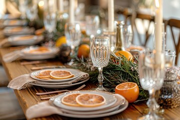 Naklejka premium A festive table beautifully set with plates, glasses, and holiday decor creating a warm, inviting ambiance for a celebration