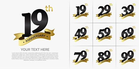 anniversary logotype set vector, black color and gold ribbon for special day celebration