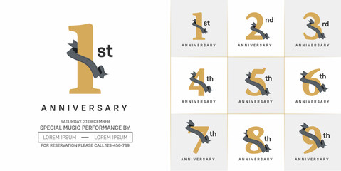anniversary logotype set vector, brown color and black ribbon for special day celebration