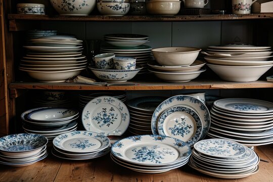 Beautifully arranged blue-patterned and plain plates and bowls on open shelving, ready for a traditional setting