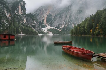 Mist veils the tranquil water of a mountain lake with a single rowboat tied to the wooden pier