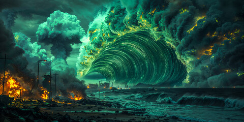 Nuclear tsunami with mushroom cloud, torpedo, radioactive, wide banner. Fictitious depiction, artist's impression
