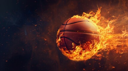 Fototapeta premium A basketball engulfed in flames flies through the air, creating a dramatic and exciting visual effect.