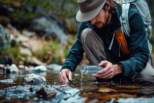 Adventurer with a backpack collecting fresh water from a mountain stream, surrounded by a forested environment - Powered by Adobe