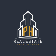 initial monogram logo for real estate with building shape creative design	
