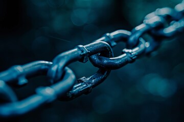 Close-up of a metal chain link, showcasing strength and durability in an abstract, dark, and moody setting with selective focus.