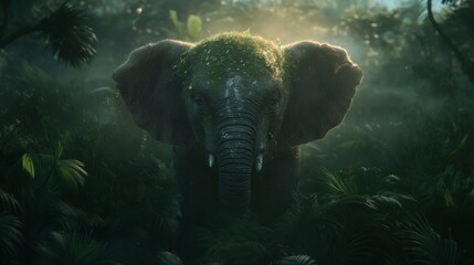 Elephant in jungle with sunlight.