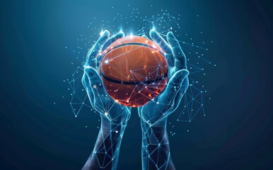 Futuristic digital illustration of hands holding a basketball with glowing connections and technology elements on a dark background.