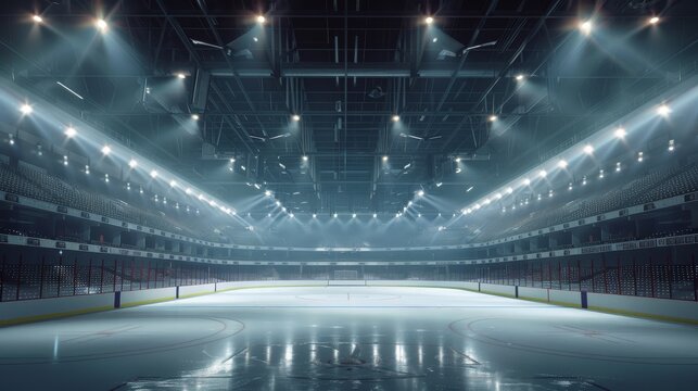 Empty illuminated hockey rink arena with bright lights and skating surface, ready for sports event or game in a modern stadium.