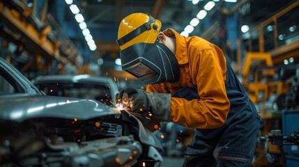 A man in a yellow helmet is working on a car in a factory