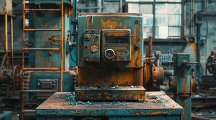 Fototapeta premium A blue machine sits in a cluttered room with a lot of old electronics
