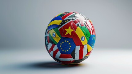 A soccer ball with flags from many countries on it
