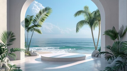 Fototapeta premium Elegant empty podium with palm leaf accents, positioned on a breathtaking seascape backdrop, perfect for product display, natural lighting, tranquil beach setting, photorealistic detail